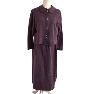 Coldwater Creek Womens Purple Knit Skirt Set Peter Pan Collar Flower Buttons S